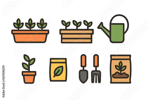 Gardening essentials for growing plants at home with pots, tools, and watering can