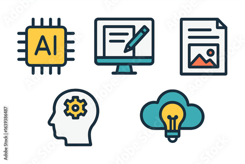Tools and concepts illustrating artificial intelligence, creativity, and digital processes in a modern work environment