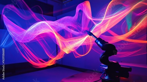 A futuristic artist's studio, where a robotic arm holds a light pen, painting three-dimensional sculptures in the air with pure, colored light, long exposure photography style, creative technology.