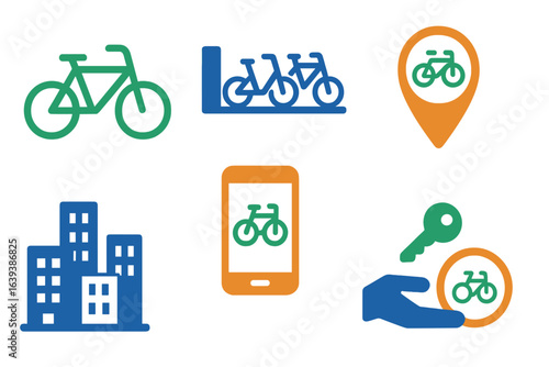 Bike sharing icons illustrating urban cycling options for transportation in modern cities
