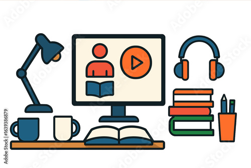 Workspace setup for online learning with a computer, books, and study materials in a cozy environment