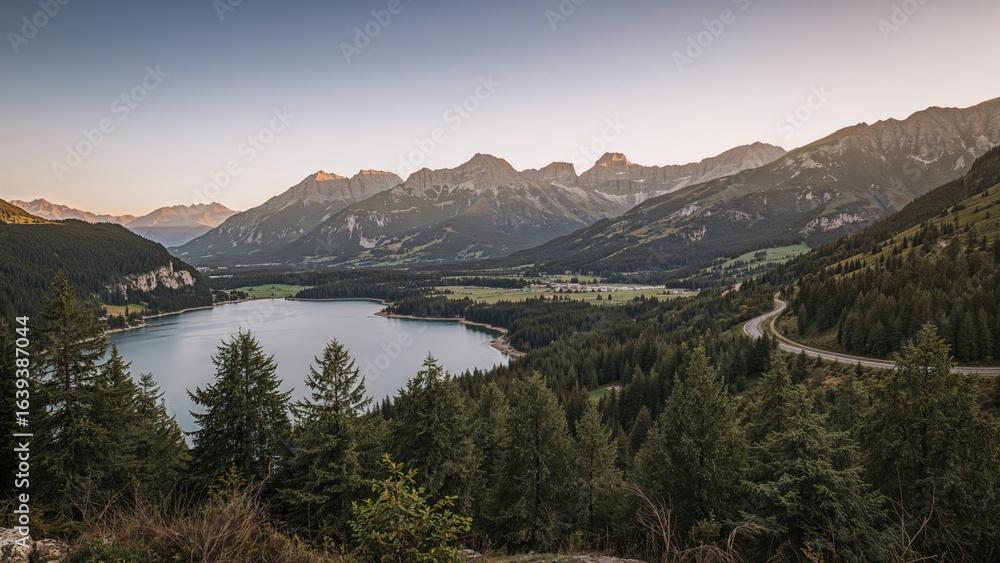 Fototapeta premium Tranquil Road Along the Lake Surrounded by Forested Mountains