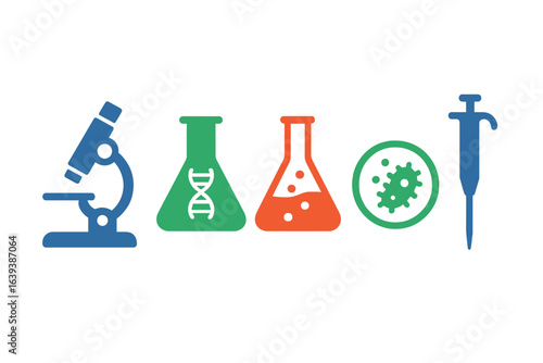 Scientific research symbols depicting microscope, flasks, and petri dish in a laboratory setting