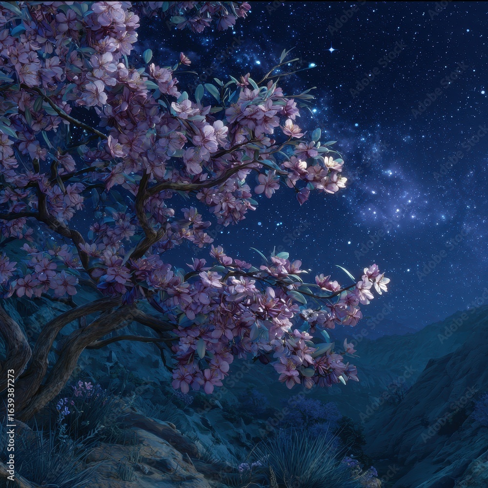 Fototapeta premium Night blooming cherry tree, starlit mountains, serene landscape, digital art, phone wallpaper