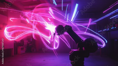 A futuristic artist's studio, where a robotic arm holds a light pen, painting three-dimensional sculptures in the air with pure, colored light, long exposure photography style, creative technology.