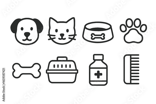 Dog and cat care essentials including food bowls, grooming combs, and health items for pet owners in a home setting