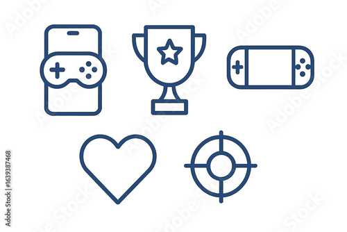 Gaming icons represent different aspects of video game culture and competitive play displayed in a minimalist design