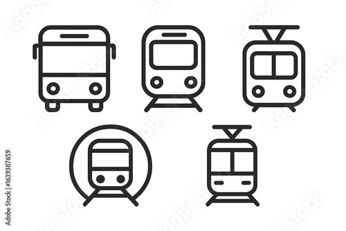 Different modes of public transportation depicted in minimalist line art style featuring buses and trains
