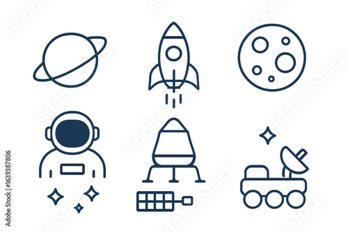 Icons depicting space exploration elements such as rockets, planets, and astronauts in a minimalist design