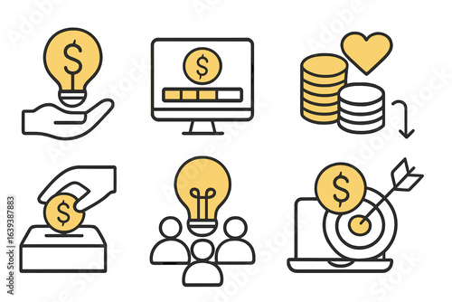 Financial concepts illustrated through icons depicting investment, savings, and charitable contributions in a modern design
