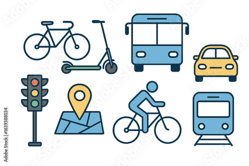 Various modes of transportation including bicycles, scooters, buses, and cars next to traffic signals and maps