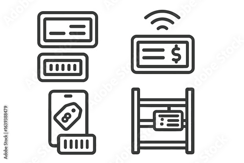 Digital payment methods shown through various icons representing modern transactions and ticketing systems