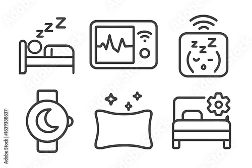 Sleep monitoring tools and icons depicting rest and relaxation for better health and wellness