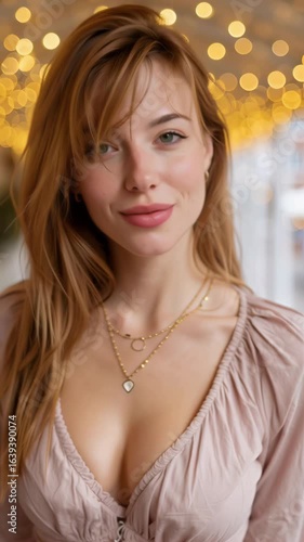 Young woman with long light brown hair in pale pink low-cut dress sways and tilts head playfully while camera keeps steady distance against warm golden bokeh lights