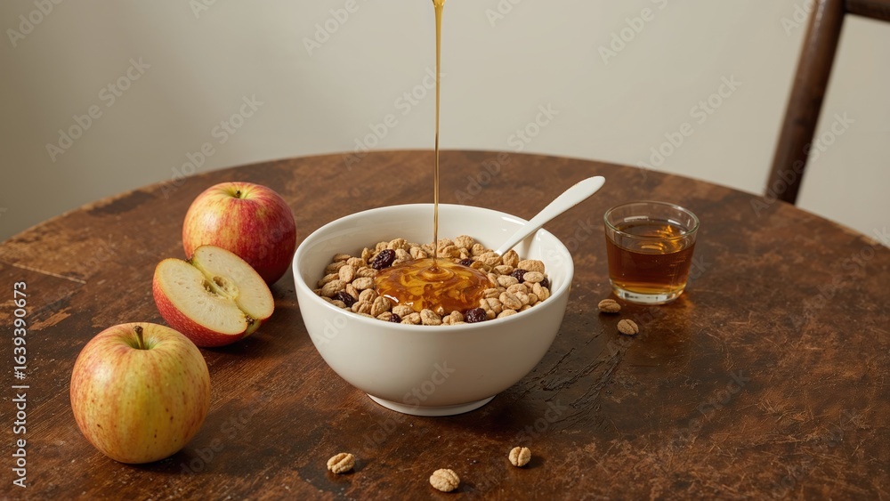 Fototapeta premium Overhead shot of a bowl filled with nut and raisin cereal alongside honey on a wooden table in an old-fashioned cafe ambiance.
