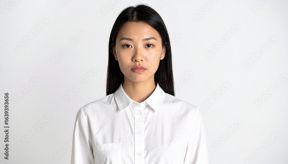 Portrait of a serious and disappointed young Asian office worker or businesswoman looking at the camera, isolated on a white background. Portrait of a serious and disappointed young Asian office worker or businesswoman looking at the camera, isolated on a white background.