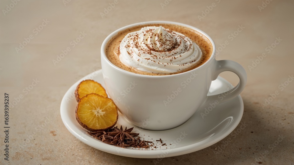 Fototapeta premium Cup of vanilla chai tea latte with ingredients, close-up macro shot