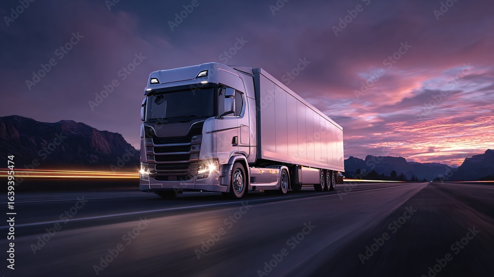 White Trailer Truck on Empty Roads at Sunset: Transportation Concept White Trailer Truck on Empty Roads at Sunset: Transportation Concept