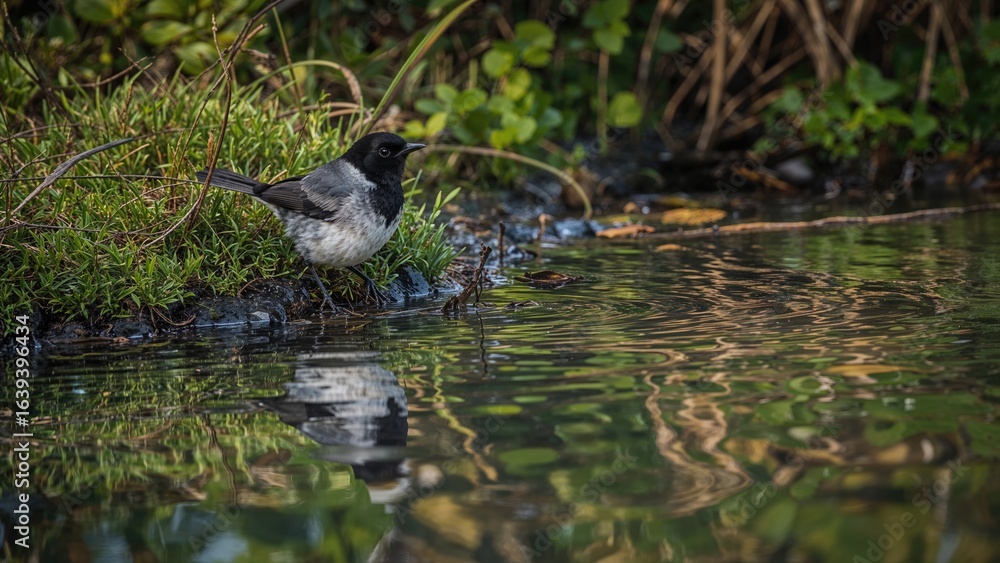 Fototapeta premium Close-up of a Blackcap bird near a freshwater habitat with moss and plant life