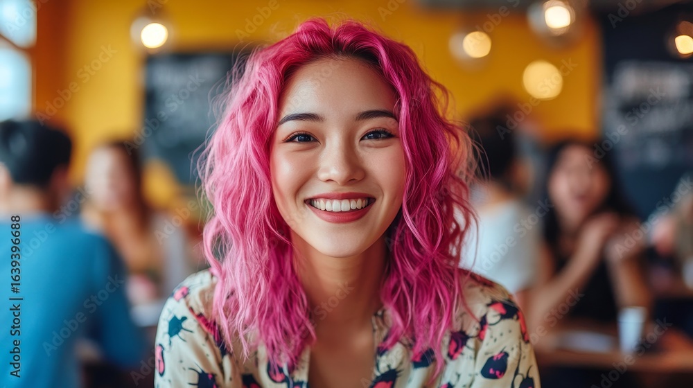 Fototapeta premium Happy Asian female employee with pink hair bonding with colleagues during a team-building office workshop. DEIB-positive workplace celebrating Pride Month, Generative AI