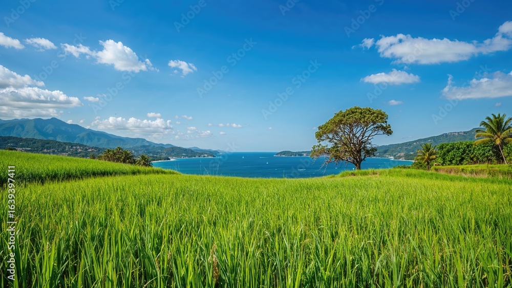 Fototapeta premium Natural landscape featuring water bodies and lush crop fields with mountains in the distance