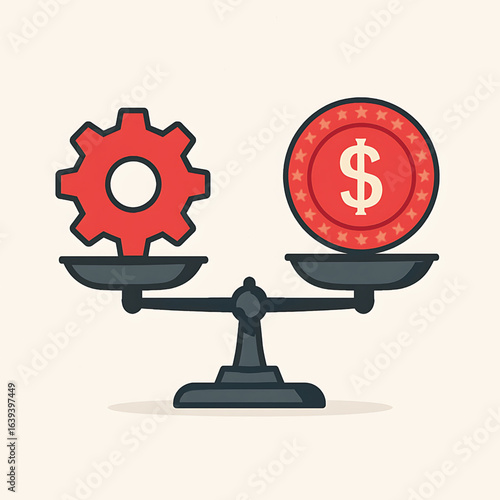 balancing gear and dollar coin icon vector. Concept of financial leverage logo. Dollar Weigh.