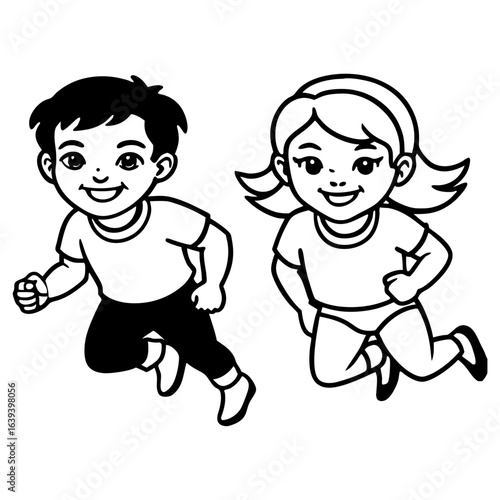 Cartoon children running and jumping isolated on white background