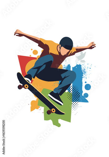 Skateboarder in Mid Air with Abstract Shapes