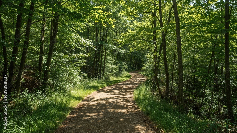 Fototapeta premium A bright trail winding through lush woodland, bordered by a rustic wooden fence and rich foliage.