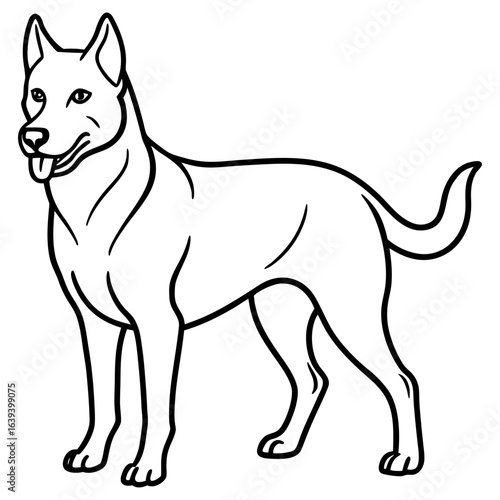 Line drawing of a dog with its tongue out on a white background