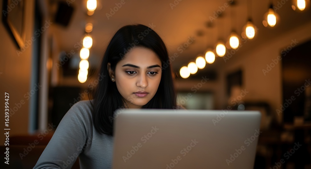 Woman Using Laptop Computer in Cozy Cafe at Night Time Woman Using Laptop Computer in Cozy Cafe at Night Time