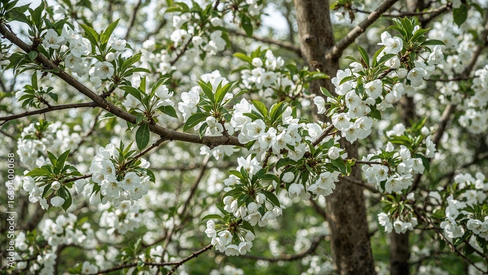 Fototapeta premium Springtime abstract backdrop featuring white blossoms on a tree branch