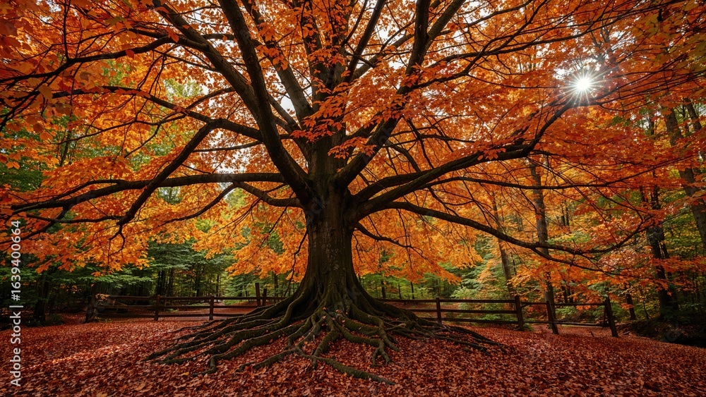 Fototapeta premium Deep within a fall woodland, a towering old tree clings to the soil with sprawling roots. Its blazing foliage murmurs tales carried by the breeze as a rustic fence protects its grandeur.