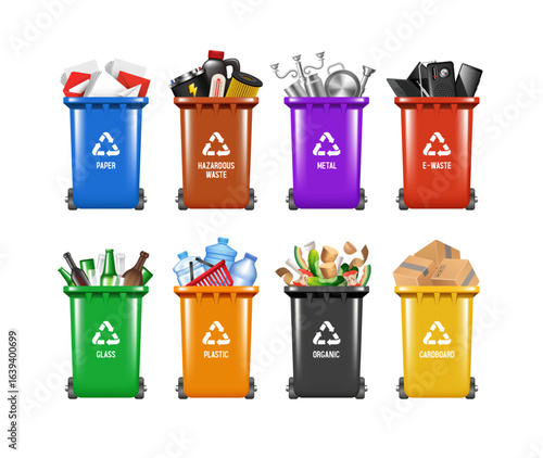 Recycling Bins. Containers for different types of garbage. Set of vector 3D illustrations