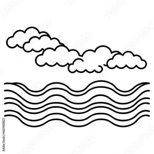 Clouds and wavy lines representing water or wind, isolated on white background