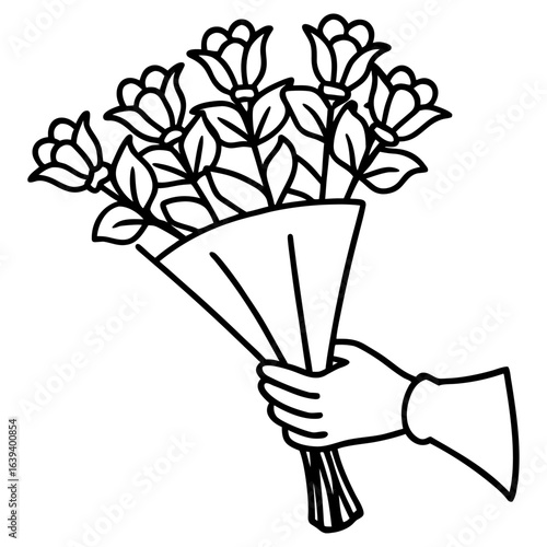 Hand holding a bouquet of flowers isolated on white background