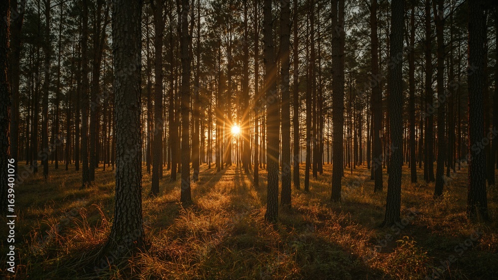 Fototapeta premium Sunset's glowing rays illuminate the forest canopy, evoking calm and natural beauty.