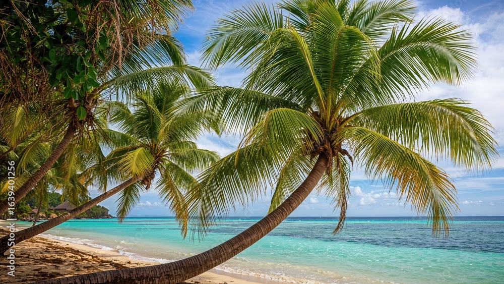 Obraz premium Beautiful shoreline with lush palm trees and transparent ocean
