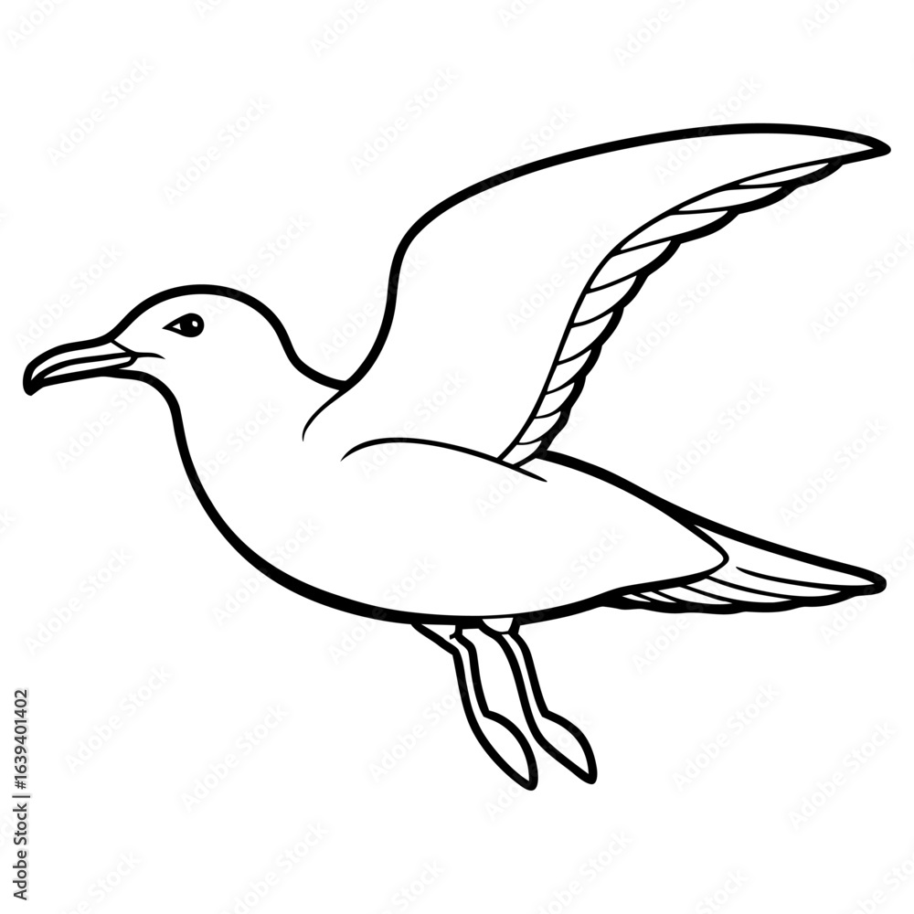 Obraz premium Line art drawing of a seagull flying with its wings open, isolated on white background