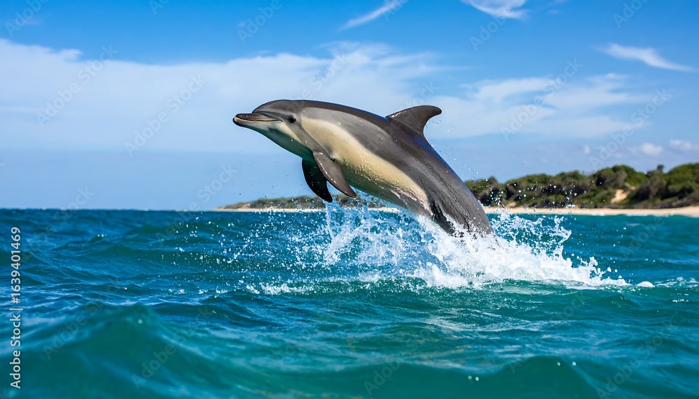 Fototapeta premium Leaping Dolphin Against Azure Sky and Turquoise Sea with Distant Shoreline