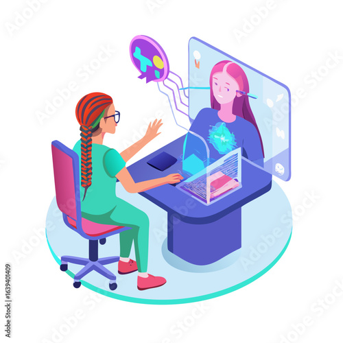 Isometric illustration of a woman in a virtual reality meeting isolated on white background