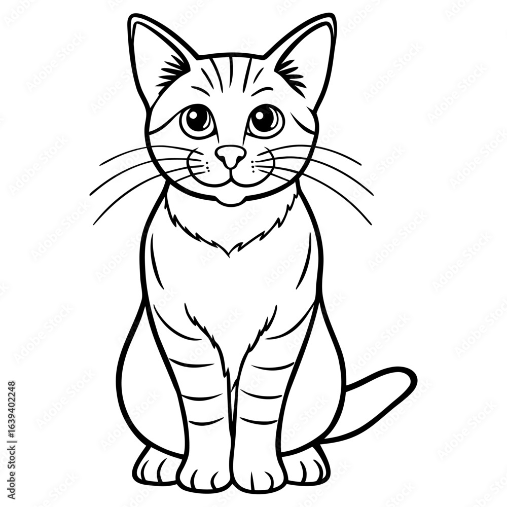Obraz premium Cute striped cat sitting, simple line art illustration isolated on white background