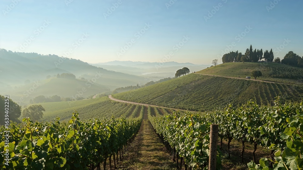 Naklejka premium Early Morning Fog Enveloping Rolling Hills With Vineyards Along A Scenic Road