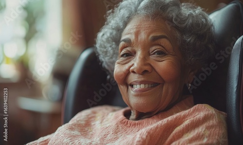 Happy senior black woman in a wheelchair in a nursing home, smiling while being cared for by a nurse in a hospice. A serene moment in elderly care, Generative AI