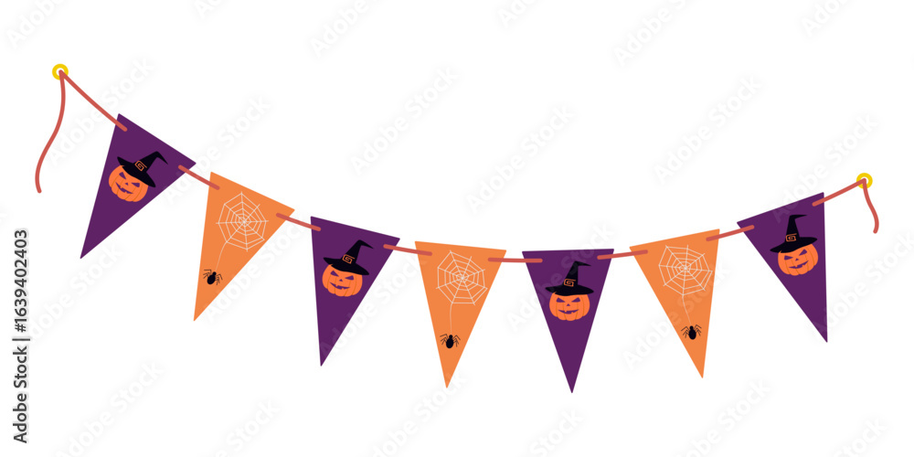 Obraz premium Halloween Holiday Festive bunting on rope with Pumpkin and cobweb in trendy purple and orange Design