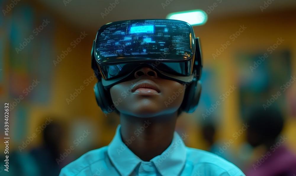 African school student with VR headset using AI technology and machine learning. Engaging with interactive classroom technology, emphasizing innovation and smart tech with AI blue, Generative AI African school student with VR headset using AI technology and machine learning. Engaging with interactive classroom technology, emphasizing innovation and smart tech with AI blue, Generative AI