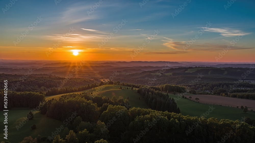 Fototapeta premium Tranquil summer evening scene from above, displaying verdant fields, scattered trees, and a bright orange sun rising over distant hills with copy space.