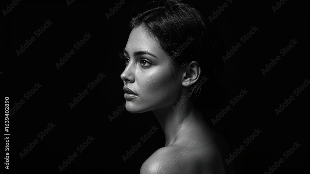 Fototapeta premium Outline of a Beautiful Female Figure Against a Dark Backdrop, Monochrome Style