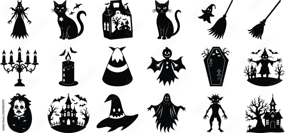 Naklejka premium halloween sticker set includes ghost hat broom black cat pumpkin designs suitable cards posters stickers, halloween vector silhouette set