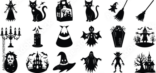 halloween sticker set includes ghost hat broom black cat pumpkin designs suitable cards posters stickers, halloween vector silhouette set